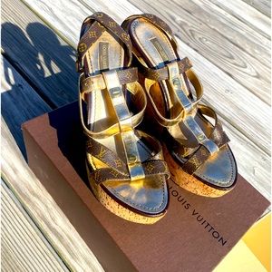 Louis Vuitton wedge heels size 37.  LV print with gold. Slightly worn
